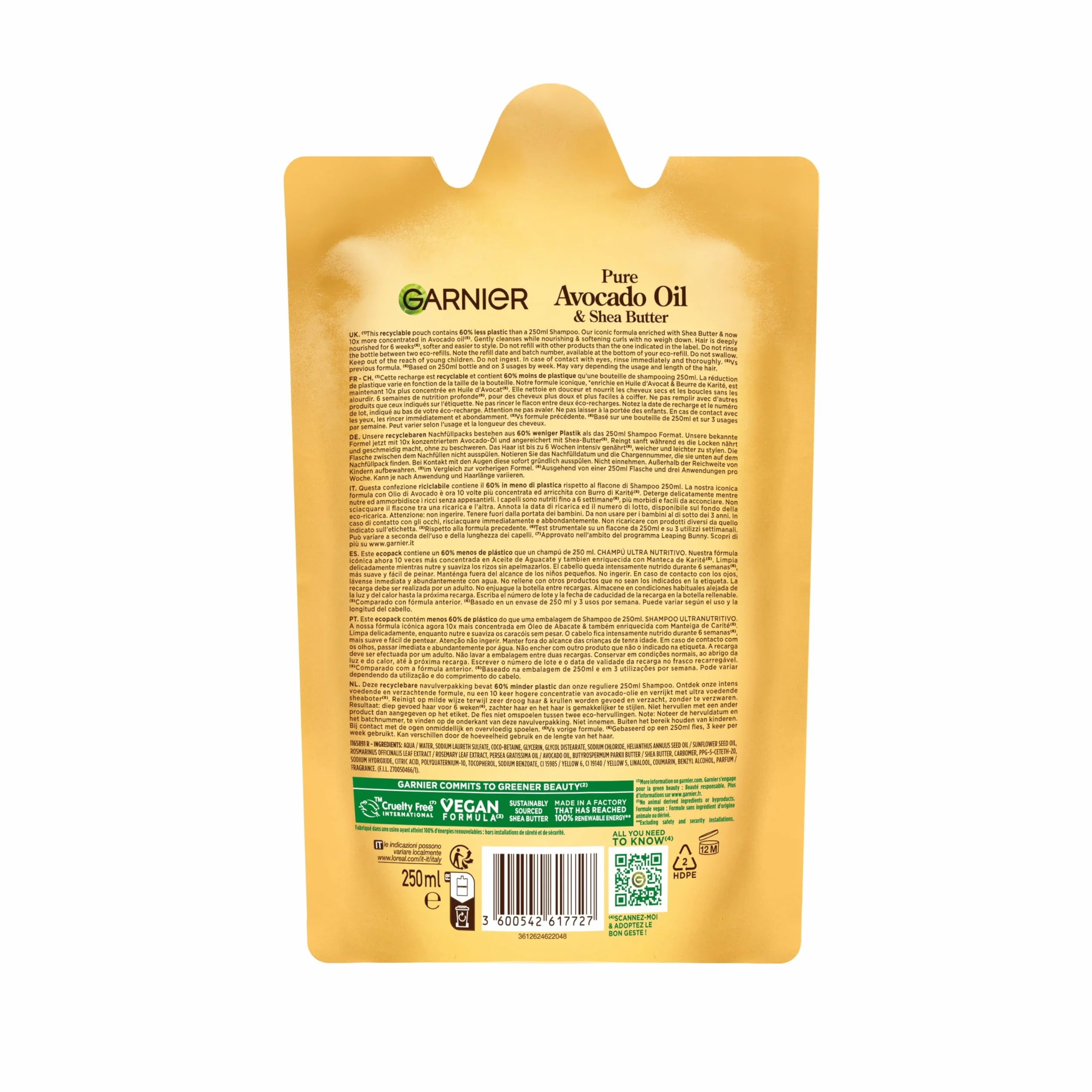 Garnier Ekologiczny wkład Ultra Słodki Czysty Olej z awokado i masło shea, ekologiczny szampon Ultra odżywczy, suche włosy, falujące i kręcone, 250 ml