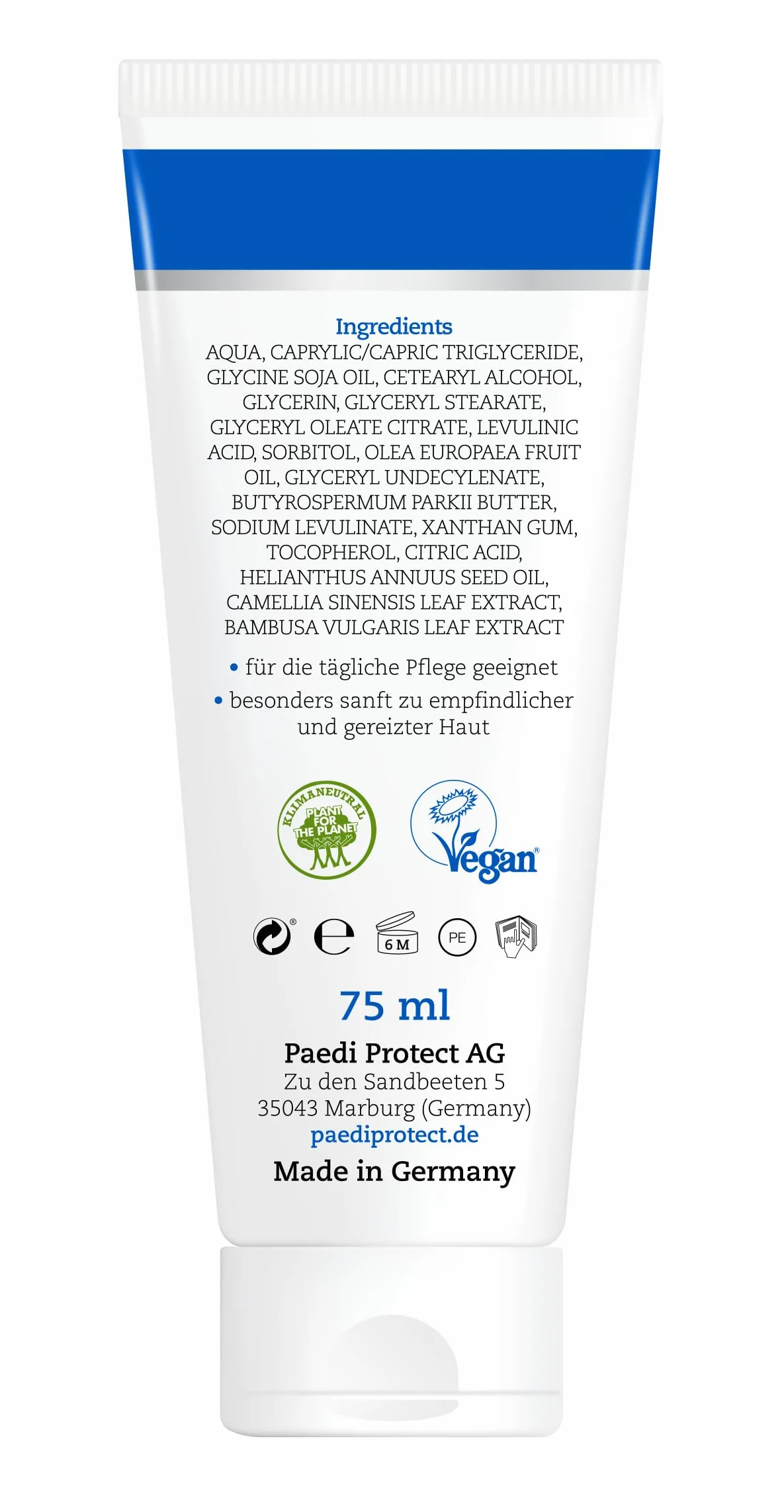 PAEDIPROTECT pielęgnacja twarzy dla dzieci i niemowląt krem 75 ml, bez perfum i bez mikroplastiku, krem do twarzy skóra sucha, wrażliwa, wegańskie składniki pielęgnacyjne skóra kojąca i pielęgnująca, balsam do pielęgnacji skóry dziecka