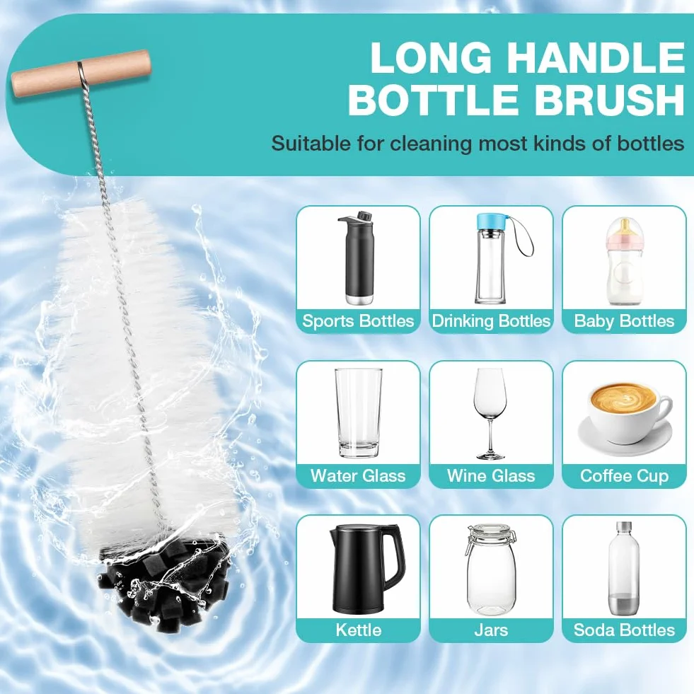 Szczotka do butelek, 35 cm, kompatybilna z butelkami szklanymi Sodastream, szczotka do czyszczenia szklanych karafek, butelek z napojami, kolor czarny