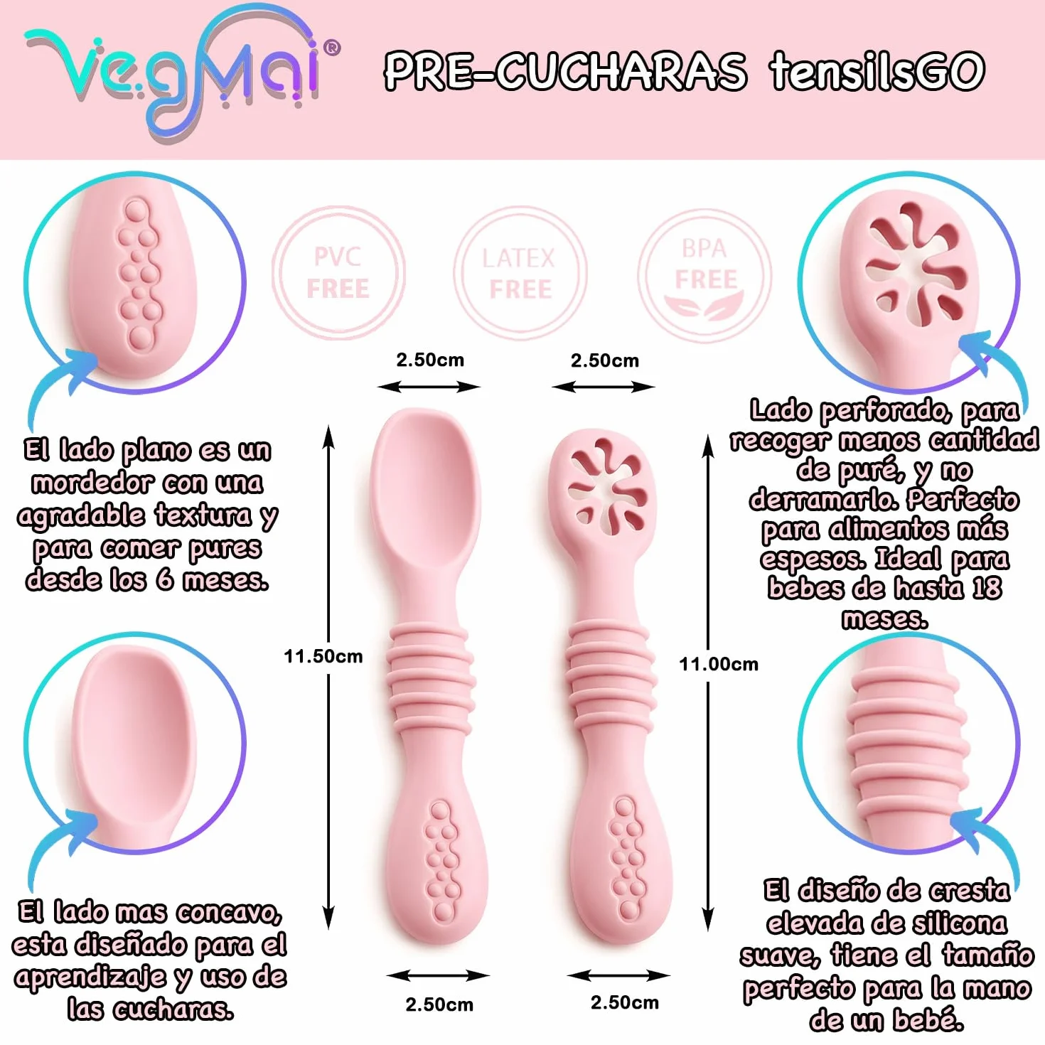 Łyżki do nauki BLW dla dzieci faza 1+2 antybakteryjny silikon ergonomiczny blady róż