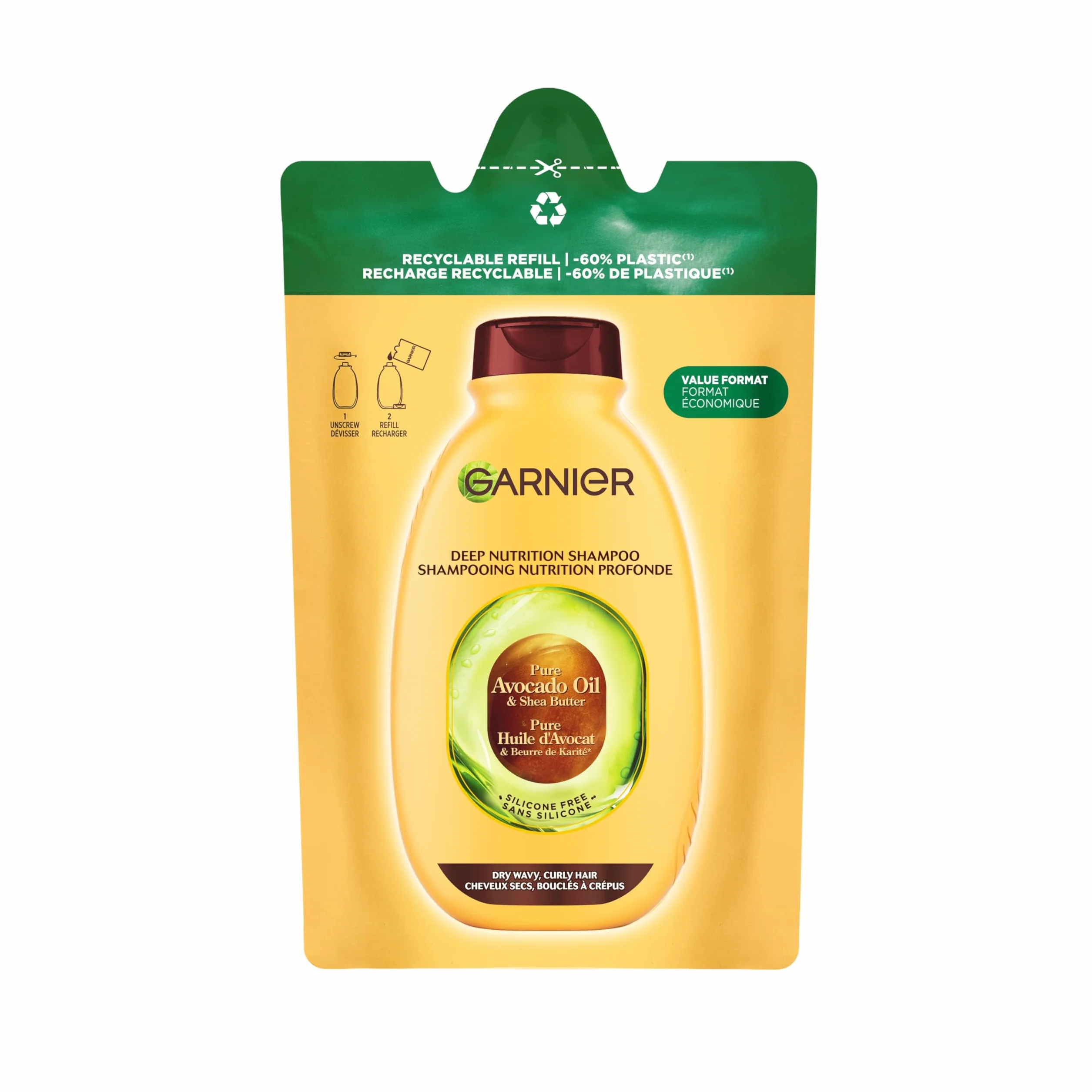 Garnier Ekologiczny wkład Ultra Słodki Czysty Olej z awokado i masło shea, ekologiczny szampon Ultra odżywczy, suche włosy, falujące i kręcone, 250 ml