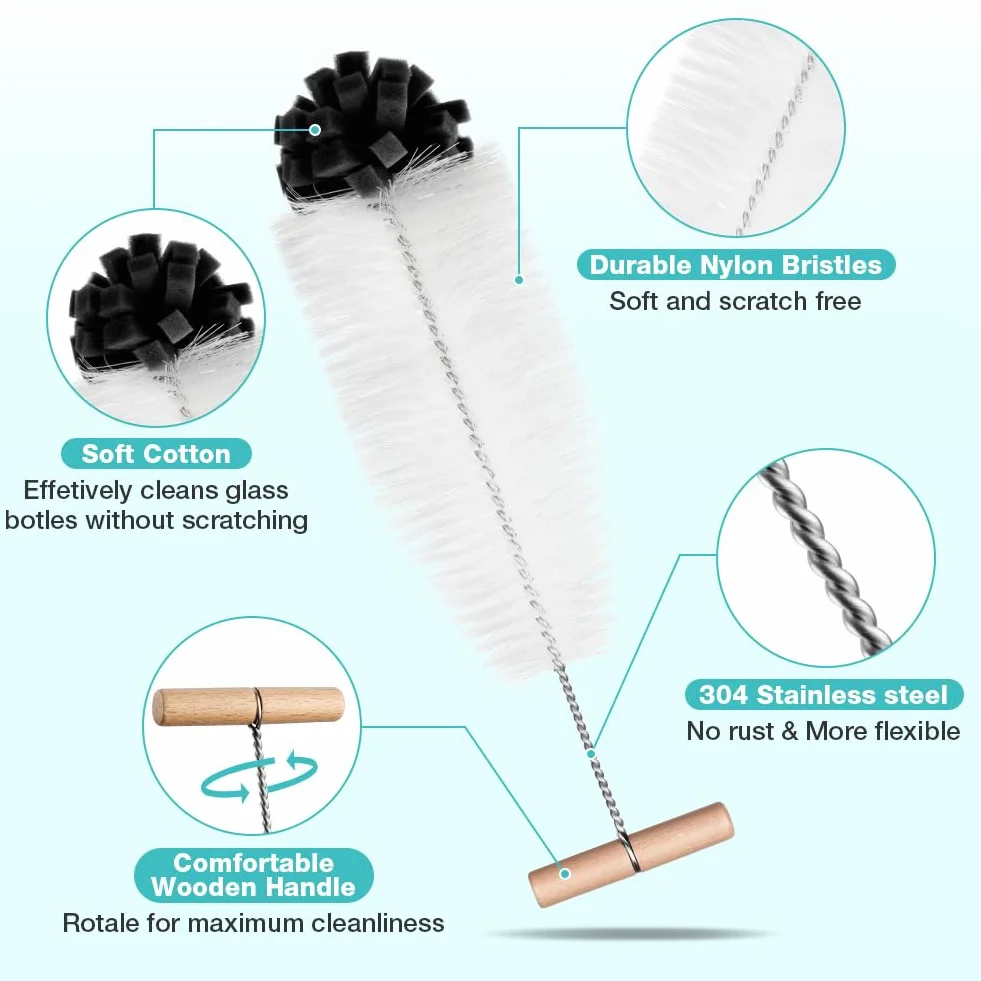 Szczotka do butelek, 35 cm, kompatybilna z butelkami szklanymi Sodastream, szczotka do czyszczenia szklanych karafek, butelek z napojami, kolor czarny