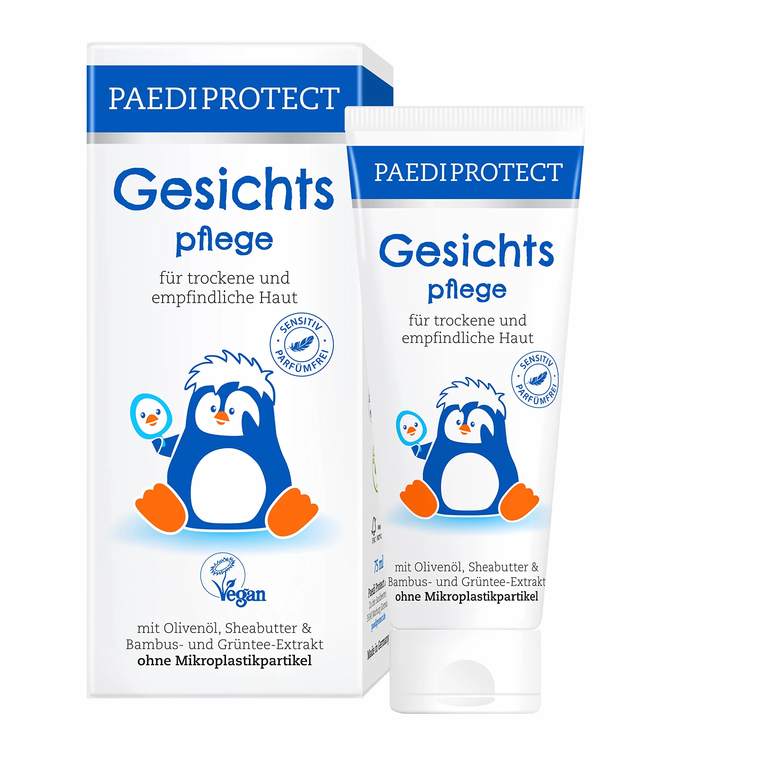 PAEDIPROTECT pielęgnacja twarzy dla dzieci i niemowląt krem 75 ml, bez perfum i bez mikroplastiku, krem do twarzy skóra sucha, wrażliwa, wegańskie składniki pielęgnacyjne skóra kojąca i pielęgnująca, balsam do pielęgnacji skóry dziecka