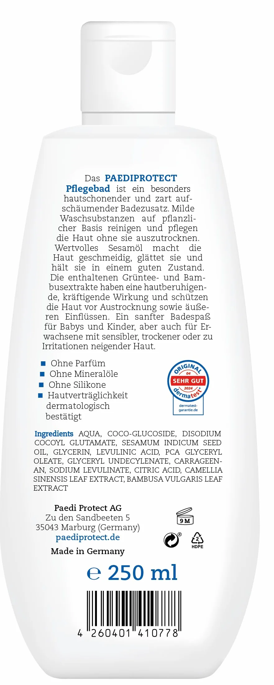 PAEDIPROTECT baby & dzieci dodatek do kąpieli 250 ml, bez perfum i mikroplastiku, przyjazna dla skóry pianka do kąpieli pielęgnuje i oczyszcza skórę, nawilża i chroni, żel do mycia jako relaksująca kąpiel