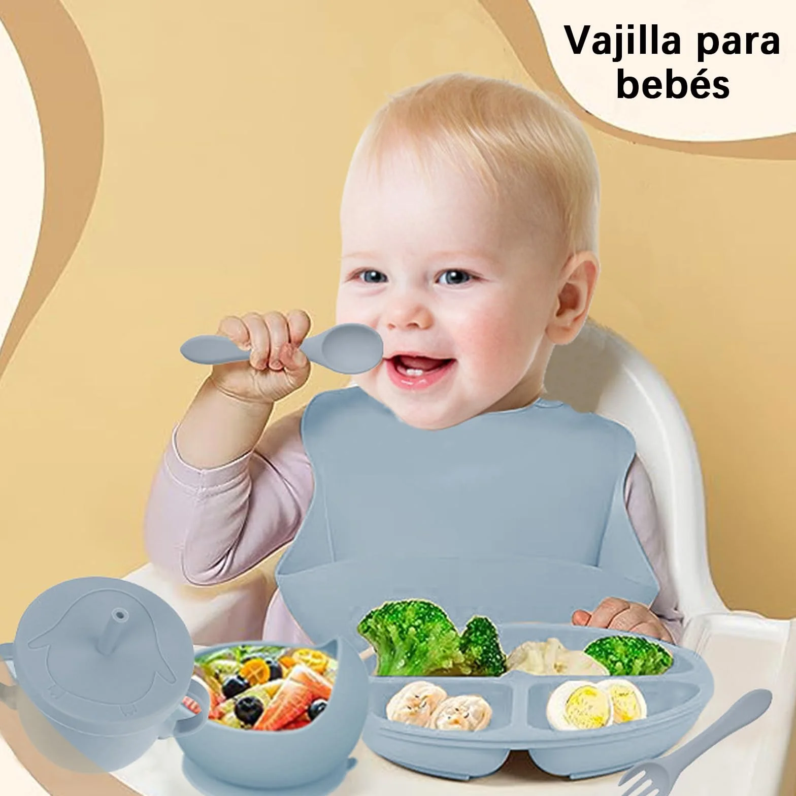 vajilla bebe 8-częściowy zestaw (łyżki, widelce, miseczki, śliniaki, kubki do picia) | Silikonowe sztućce dla niemowląt z antypoślizgową konstrukcją, kolor niebieski