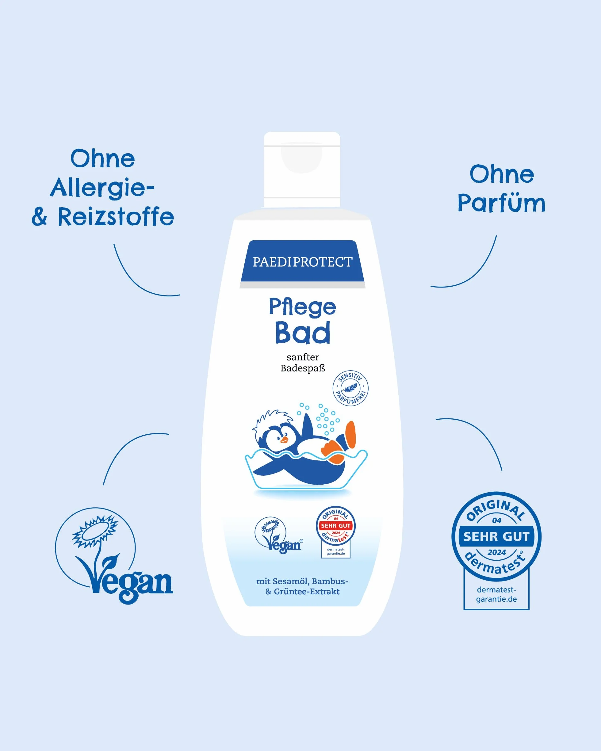 PAEDIPROTECT baby & dzieci dodatek do kąpieli 250 ml, bez perfum i mikroplastiku, przyjazna dla skóry pianka do kąpieli pielęgnuje i oczyszcza skórę, nawilża i chroni, żel do mycia jako relaksująca kąpiel